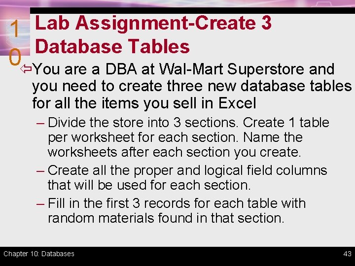 1 Lab Assignment-Create 3 Database Tables 0ïYou are a DBA at Wal-Mart Superstore and