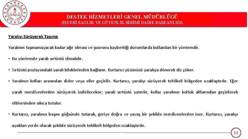 DESTEK HİZMETLERİ GENEL MÜDÜRLÜĞÜ (İŞYERİ SAĞLIK VE GÜVENLİK BİRİMİ DAİRE BAŞKANLIĞI) Yaralıyı Sürüyerek Taşıma