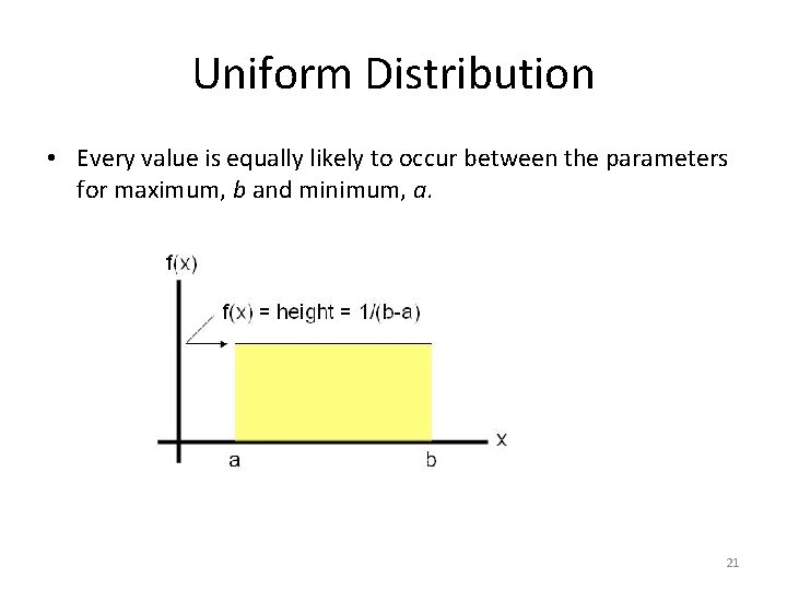 Uniform Distribution • Every value is equally likely to occur between the parameters for