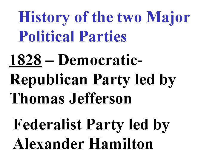 History of the two Major Political Parties 1828 – Democratic. Republican Party led by