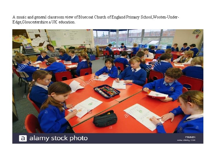 A music and general classroom view of Bluecoat Church of England Primary School, Wooten-Under.