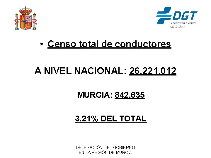  • Censo total de conductores A NIVEL NACIONAL: 26. 221. 012 MURCIA: 842.