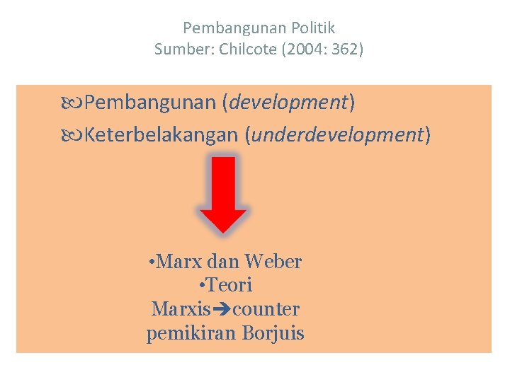 Pembangunan Politik Sumber: Chilcote (2004: 362) Pembangunan (development) Keterbelakangan (underdevelopment) • Marx dan Weber