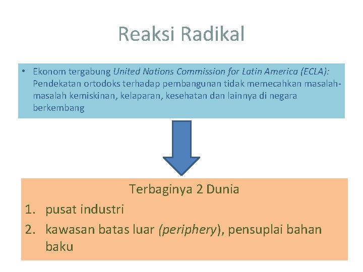 Reaksi Radikal • Ekonom tergabung United Nations Commission for Latin America (ECLA): Pendekatan ortodoks