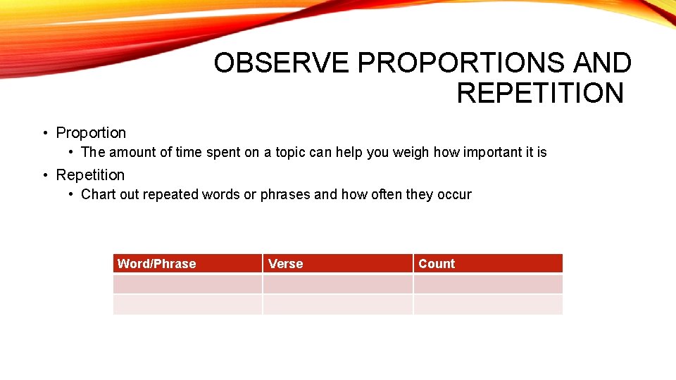 OBSERVE PROPORTIONS AND REPETITION • Proportion • The amount of time spent on a