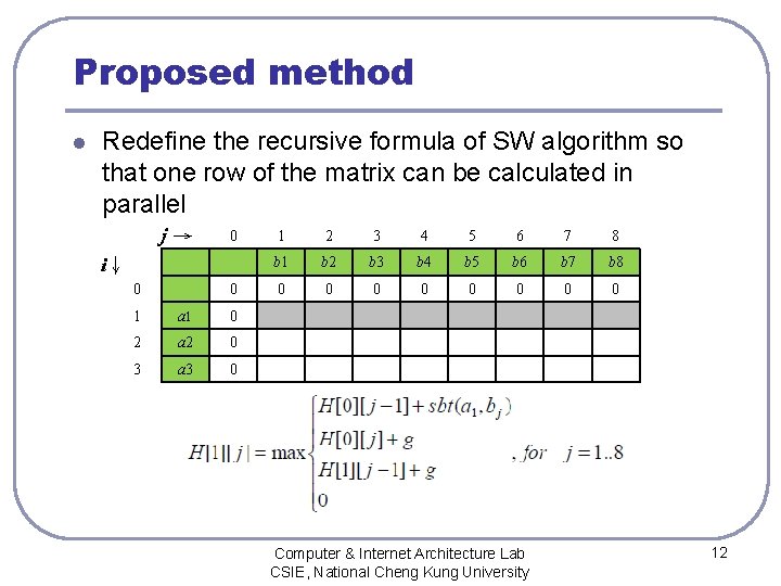 Proposed method l Redefine the recursive formula of SW algorithm so that one row