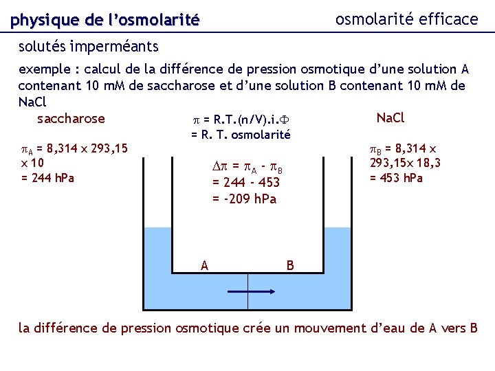 osmolarité efficace physique de l’osmolarité solutés imperméants exemple : calcul de la différence de
