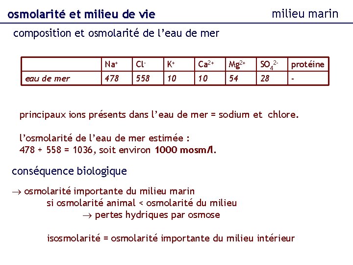 milieu marin osmolarité et milieu de vie composition et osmolarité de l’eau de mer