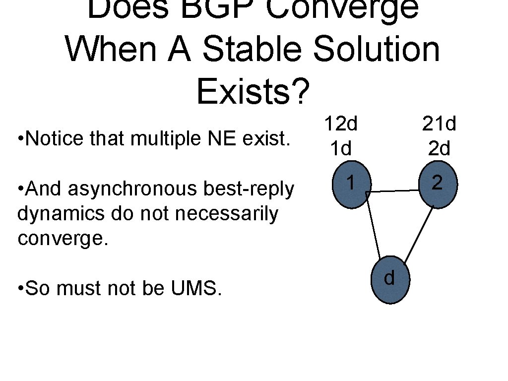 Does BGP Converge When A Stable Solution Exists? • Notice that multiple NE exist.
