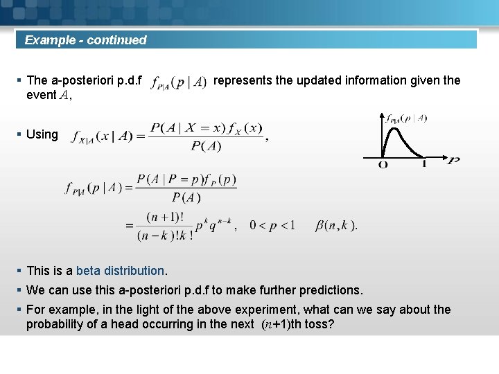 Example - continued § The a-posteriori p. d. f event A, represents the updated