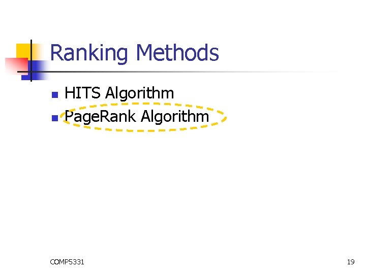 Ranking Methods n n HITS Algorithm Page. Rank Algorithm COMP 5331 19 