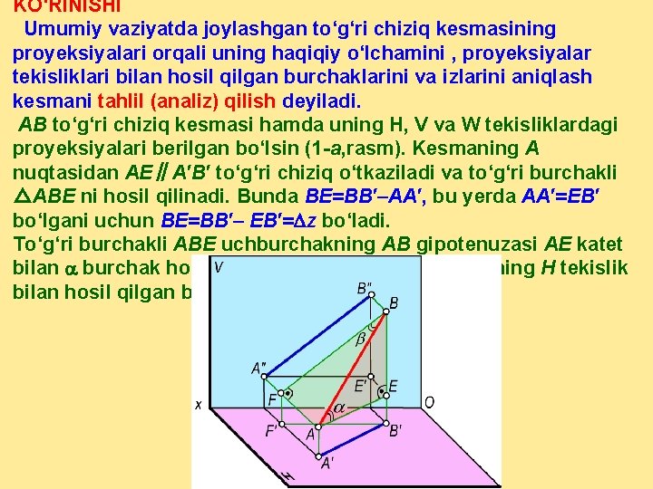 KO‘RINISHI Umumiy vaziyatda joylashgan to‘g‘ri chiziq kesmasining proyeksiyalari orqali uning haqiqiy o‘lchamini , proyeksiyalar