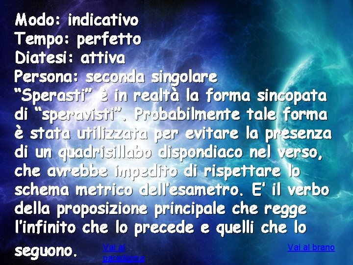 Modo: indicativo Tempo: perfetto Diatesi: attiva Persona: seconda singolare “Sperasti” è in realtà la