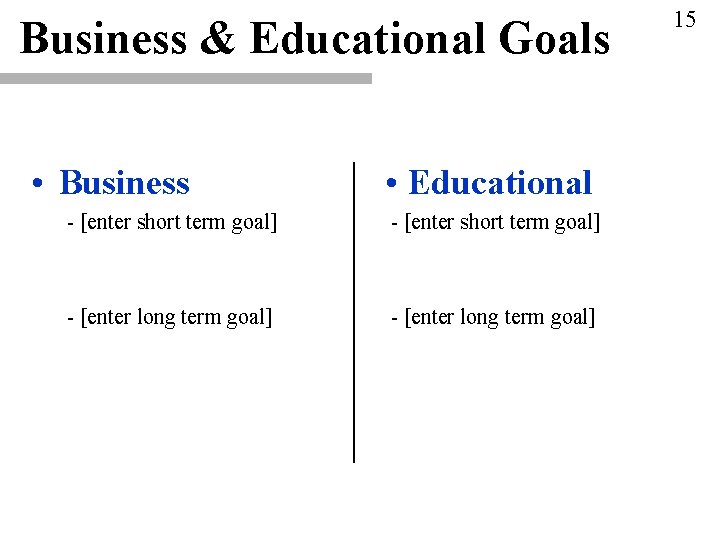 Business & Educational Goals • Business • Educational - [enter short term goal] -