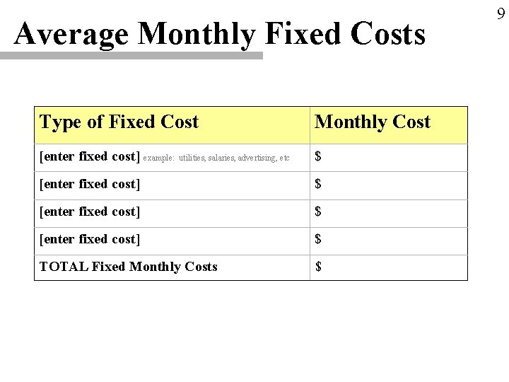 Average Monthly Fixed Costs Type of Fixed Cost Monthly Cost [enter fixed cost] example:
