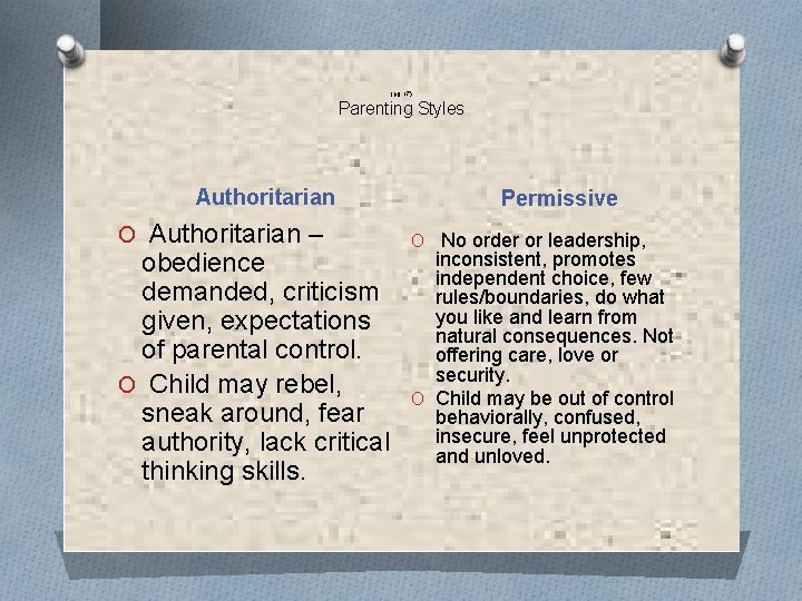 (pg. 17) Parenting Styles Authoritarian O Authoritarian – obedience demanded, criticism given, expectations of
