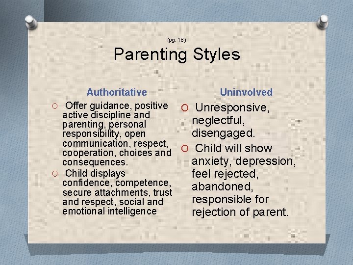 (pg. 18) Parenting Styles Authoritative Uninvolved O Offer guidance, positive O Unresponsive, active discipline