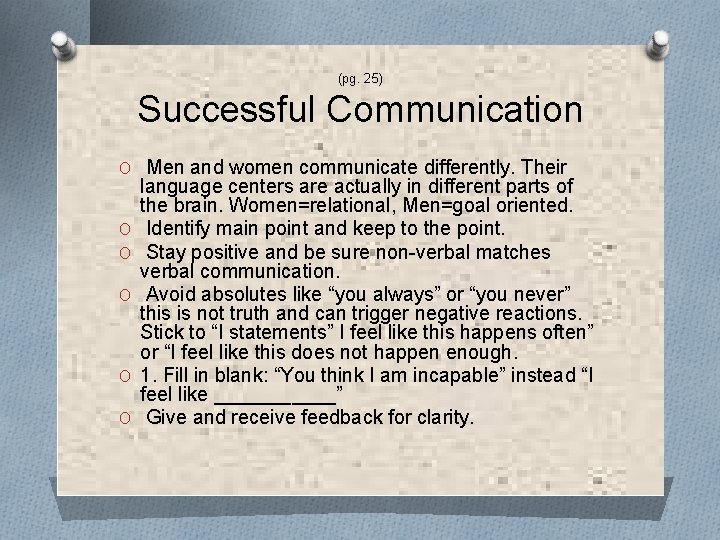 (pg. 25) Successful Communication O Men and women communicate differently. Their O O O