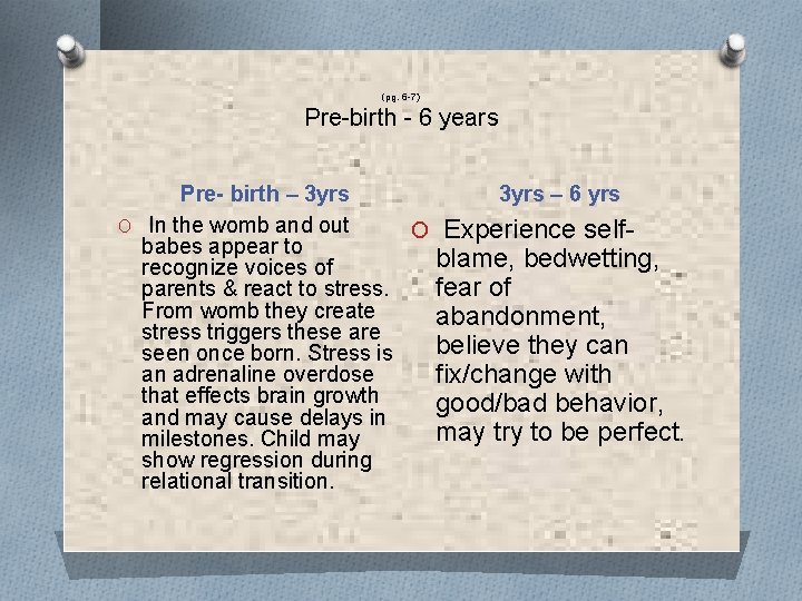 (pg. 6 -7) Pre-birth - 6 years Pre- birth – 3 yrs – 6