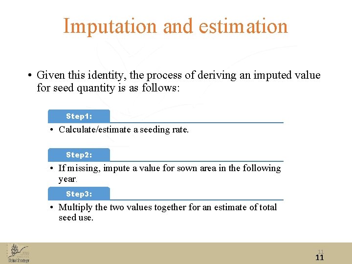 Imputation and estimation • Given this identity, the process of deriving an imputed value