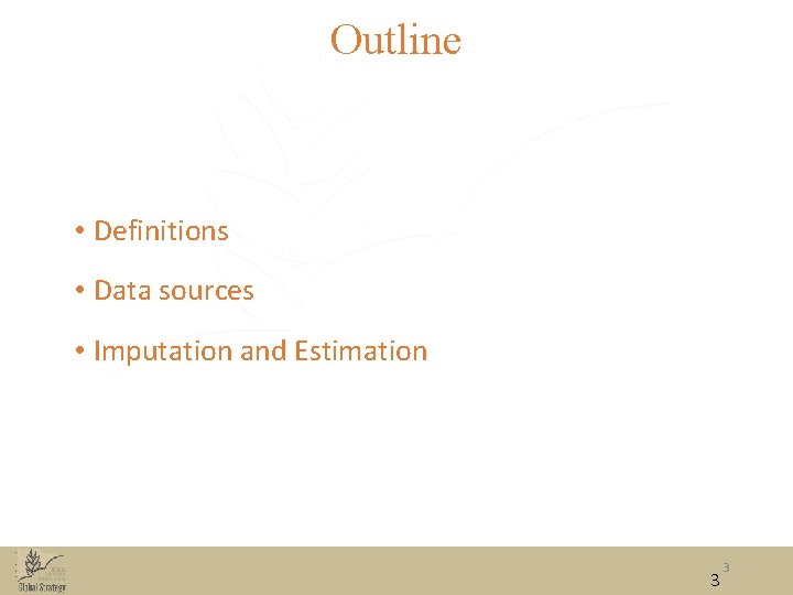 Outline • Definitions • Data sources • Imputation and Estimation 3 3 