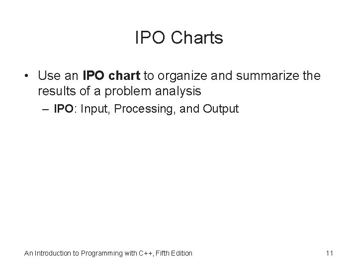 IPO Charts • Use an IPO chart to organize and summarize the results of
