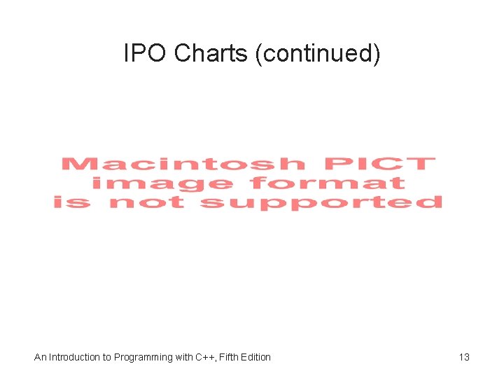 IPO Charts (continued) An Introduction to Programming with C++, Fifth Edition 13 