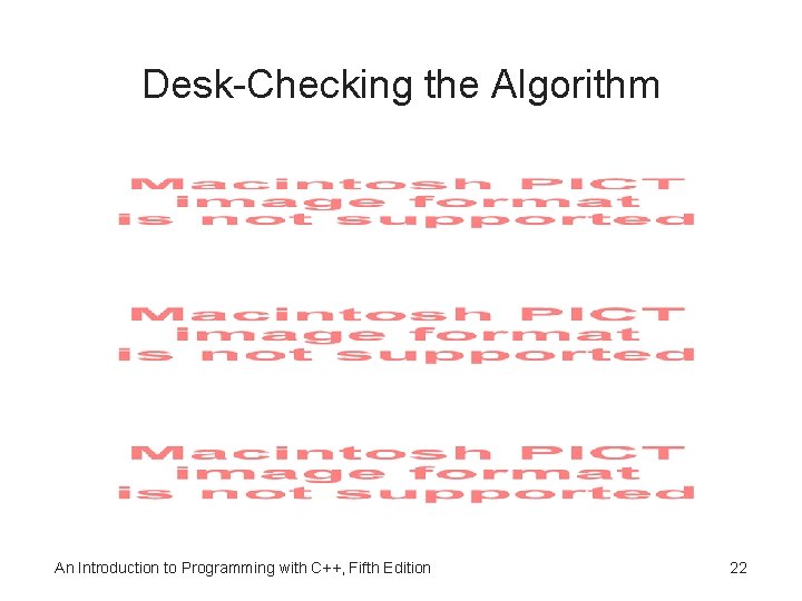 Desk-Checking the Algorithm An Introduction to Programming with C++, Fifth Edition 22 