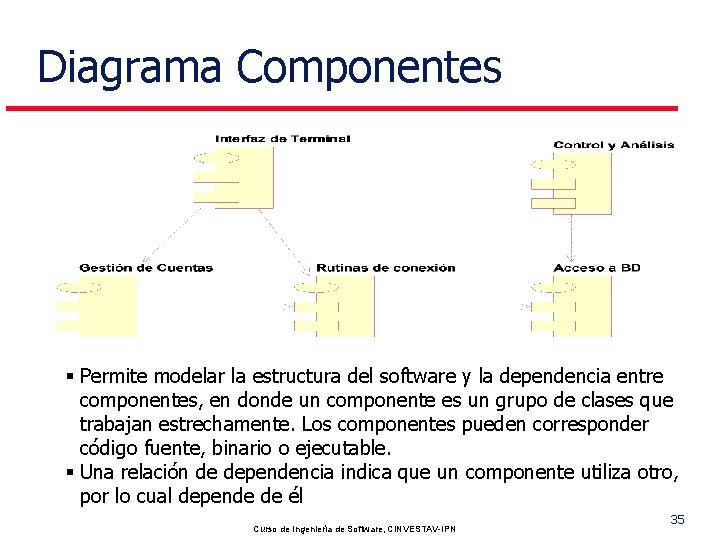 Diagrama Componentes § Permite modelar la estructura del software y la dependencia entre componentes,