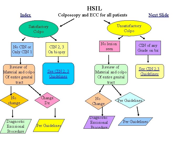 HSIL Index Colposcopy and ECC for all patients Unsatisfactory Colpo Satisfactory Colpo No CIN
