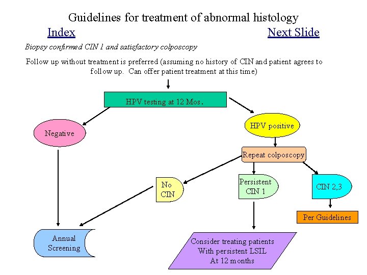 Guidelines for treatment of abnormal histology Index Next Slide Biopsy confirmed CIN 1 and