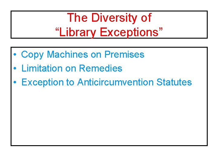 The Diversity of “Library Exceptions” • Copy Machines on Premises • Limitation on Remedies
