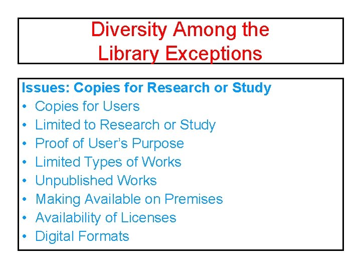 Diversity Among the Library Exceptions Issues: Copies for Research or Study • Copies for