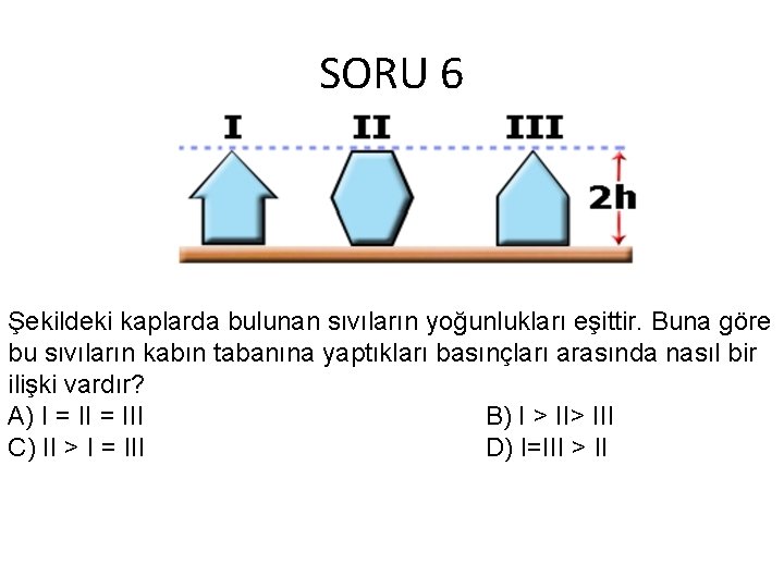 SORU 6 Şekildeki kaplarda bulunan sıvıların yoğunlukları eşittir. Buna göre bu sıvıların kabın tabanına