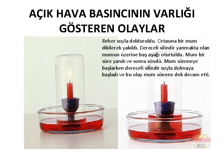 AÇIK HAVA BASINCININ VARLIĞI GÖSTEREN OLAYLAR Beher suyla dolduruldu. Ortasına bir mum dikilerek yakıldı.