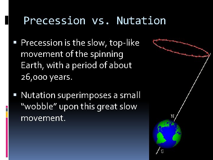 Precession vs. Nutation Precession is the slow, top-like movement of the spinning Earth, with