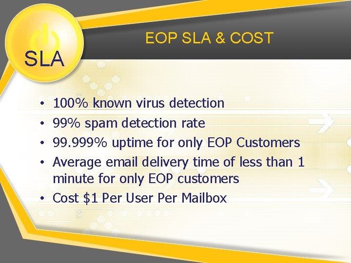 EOP SLA & COST SLA 100% known virus detection 99% spam detection rate 99.