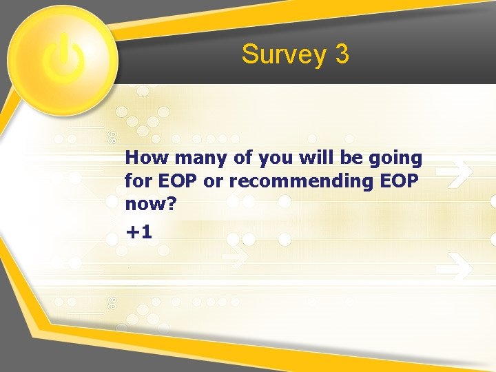 Survey 3 How many of you will be going for EOP or recommending EOP