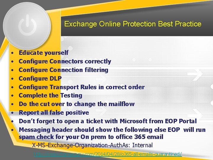 Exchange Online Protection Best Practice • • • Educate yourself Configure Connectors correctly Configure