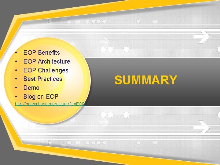  • • • EOP Benefits EOP Architecture EOP Challenges Best Practices Demo Blog