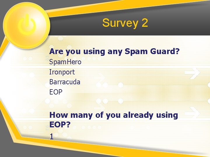 Survey 2 Are you using any Spam Guard? Spam. Hero Ironport Barracuda EOP How