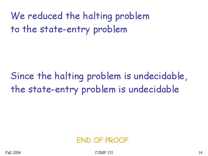 We reduced the halting problem to the state-entry problem Since the halting problem is
