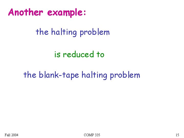 Another example: the halting problem is reduced to the blank-tape halting problem Fall 2004