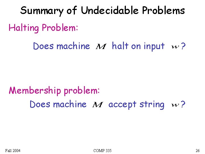 Summary of Undecidable Problems Halting Problem: Does machine halt on input ? Membership problem: