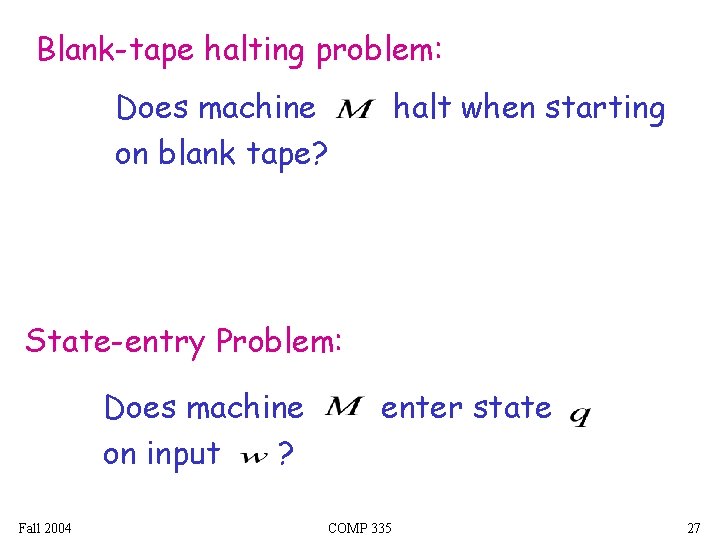Blank-tape halting problem: Does machine on blank tape? halt when starting State-entry Problem: Does