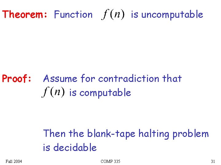 Theorem: Function Proof: is uncomputable Assume for contradiction that is computable Then the blank-tape