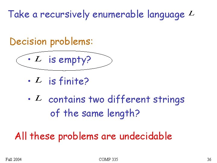 Take a recursively enumerable language Decision problems: • is empty? • is finite? •