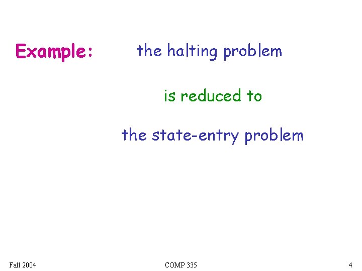 Example: the halting problem is reduced to the state-entry problem Fall 2004 COMP 335