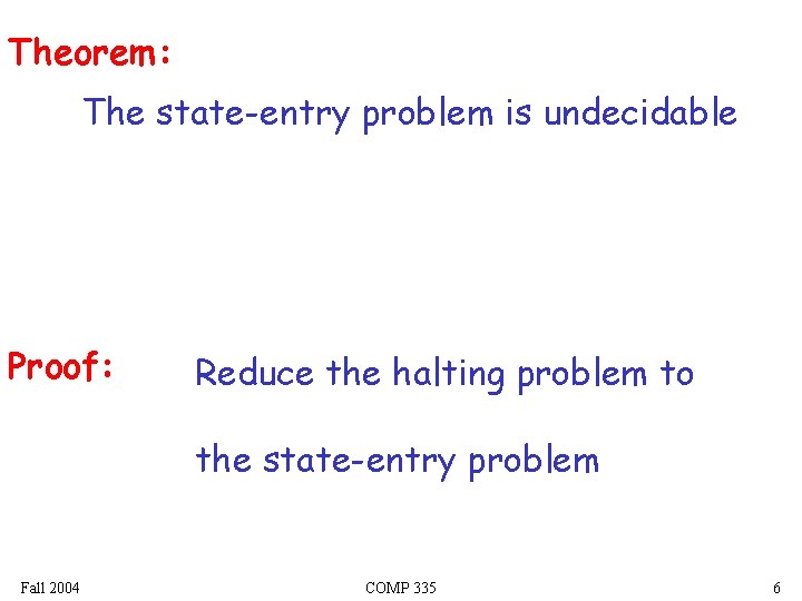 Theorem: The state-entry problem is undecidable Proof: Reduce the halting problem to the state-entry