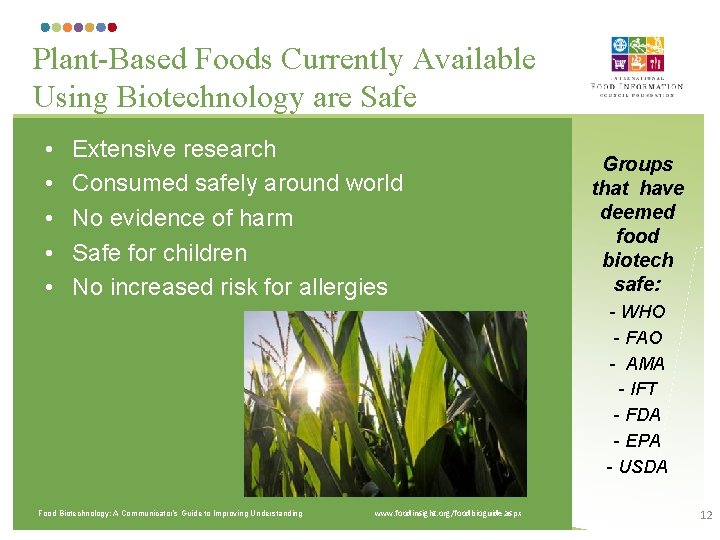 Plant-Based Foods Currently Available Using Biotechnology are Safe • • • Extensive research Consumed